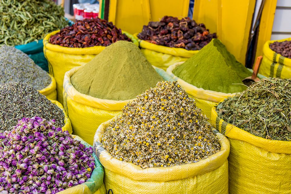 Spices and dry goods in the shops of Kasbah in Bab Al Fahs, Old Medina, Tangier, Morocco